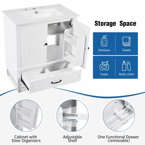 30 Inch Bathroom Vanity with Sink Vintage Style, Multi-functional Storage Space, Door Shelf, Soft-closing Door, White 30 Inch Bathroom Vanity with Sink Vintage Style, Multi-functional Storage Space, Door Shelf, Soft-closing Door, White