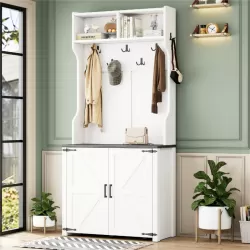 ON-TREND Farmhouse 4-in-1 Hall Tree with Barn Doors, Movable Bench with 7 Hanging Hooks and Shoe Storage Cabinet, 76.9 Inch H Entryway Coat Rack with 6 Brake Wheels for Hallway, Living Room, White