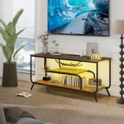 TV Stand with Power Outlets and LED Lights - TV Stand for TVs up to 55 Inch, Entertainment Center with Shelves, Modern TV Console Table for Living Room & Bedroom, Light Gray
