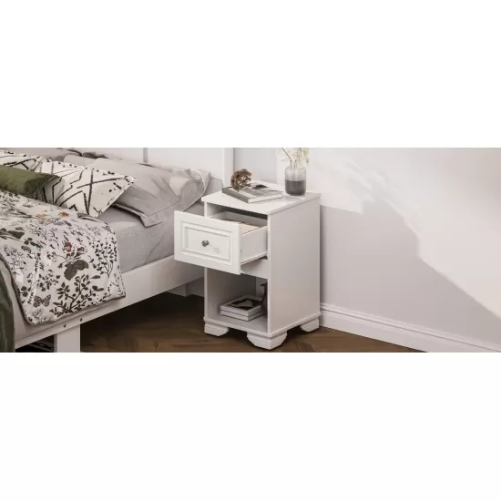 Elegant Design Nightstand with Drawer and Open Shelf for Bedroom, Retro Style Bedside Table with Classic Design and Metal Handle,White Elegant Design Nightstand with Drawer and Open Shelf for Bedroom, Retro Style Bedside Table with Classic Design and Metal Handle,White
