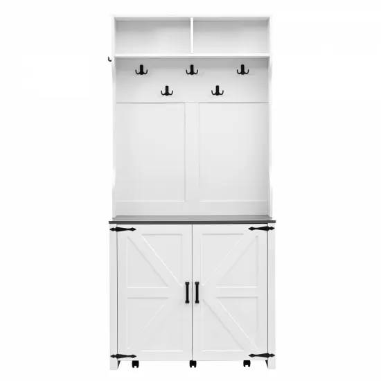 ON-TREND Farmhouse 4-in-1 Hall Tree with Barn Doors, Movable Bench with 7 Hanging Hooks and Shoe Storage Cabinet, 76.9 Inch H Entryway Coat Rack with 6 Brake Wheels for Hallway, Living Room, White ON-TREND Farmhouse 4-in-1 Hall Tree with Barn Doors, Movable Bench with 7 Hanging Hooks and Shoe Storage Cabinet, 76.9 Inch H Entryway Coat Rack with 6 Brake Wheels for Hallway, Living Room, White