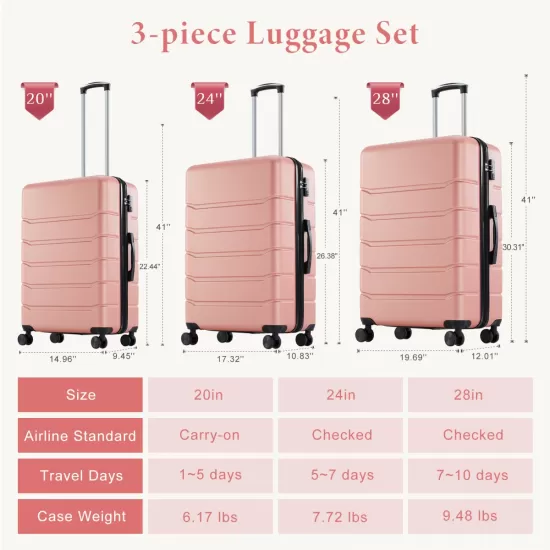 Hard sided expand suitcase with rotating wheels, TSA lock, retractable handle, Pink, 3P Hard sided expand suitcase with rotating wheels, TSA lock, retractable handle, Pink, 3P