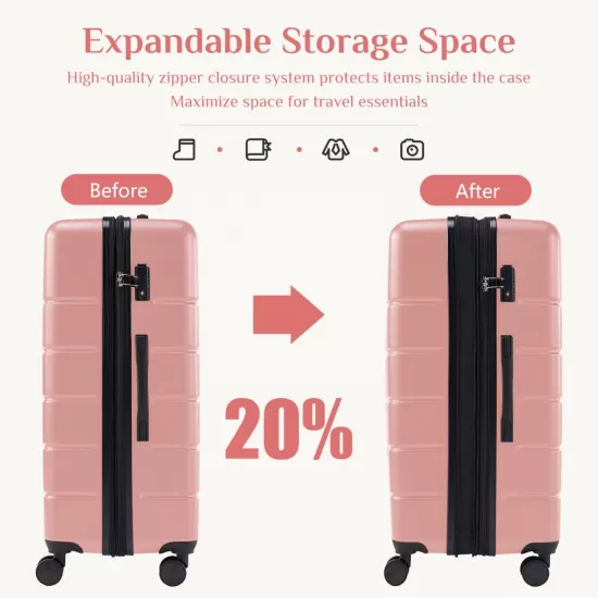 Hard sided expand suitcase with rotating wheels, TSA lock, retractable handle, Pink, 3P Hard sided expand suitcase with rotating wheels, TSA lock, retractable handle, Pink, 3P