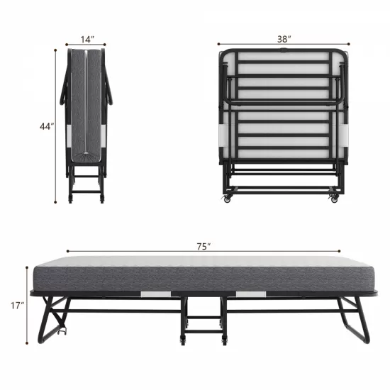 Folding Bed with Mattress 75 Inch x 38 Inch Rollaway Guest Bed Portable Foldable Bed for Adults with 5 Inch Memory Foam Mattress Space-Saving All Metal Steel Pipe Frame Slatted Pipe Style Folding Bed with Mattress 75 Inch x 38 Inch Rollaway Guest Bed Portable Foldable Bed for Adults with 5 Inch Memory Foam Mattress Space-Saving All Metal Steel Pipe Frame Slatted Pipe Style