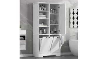   

Maximize Your Bathroom Space with This Stylish White Storage Cabinet – Doors, Drawers & Laundry Hamper Included