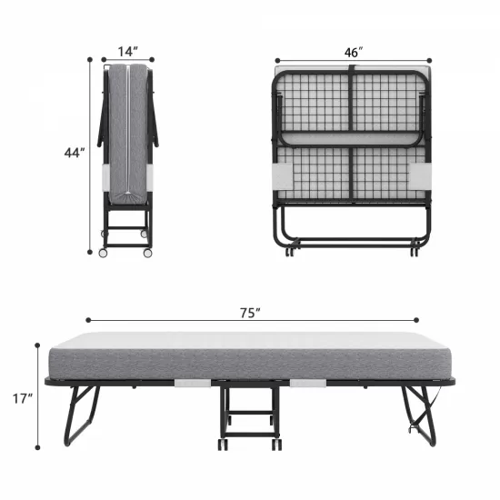 Folding Bed with Mattress 75 Inch x 46 Inch Rollaway Guest Bed Portable Foldable Bed for Adults with 5 Inch Memory Foam Mattress Space-Saving Sturdy Metal Frame Grid Style Folding Bed with Mattress 75 Inch x 46 Inch Rollaway Guest Bed Portable Foldable Bed for Adults with 5 Inch Memory Foam Mattress Space-Saving Sturdy Metal Frame Grid Style
