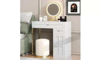 Luxury White-Gold Makeup Vanity Desk with Lighted Mirror – Perfect for Your Bedroom