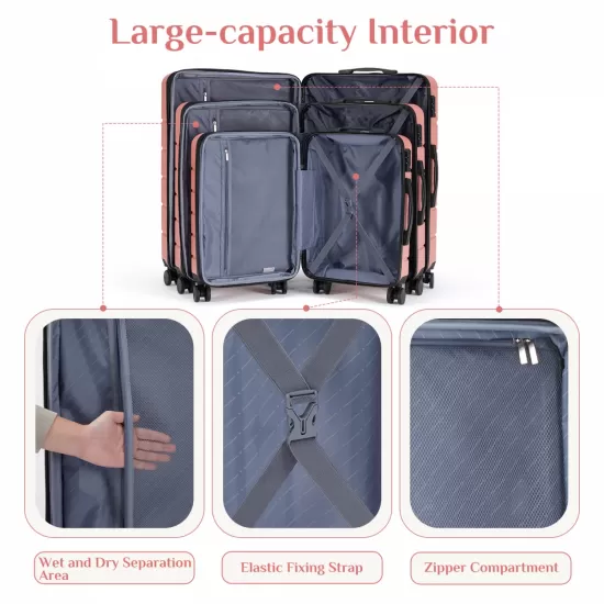 Hard sided expand suitcase with rotating wheels, TSA lock, retractable handle, Pink, 3P Hard sided expand suitcase with rotating wheels, TSA lock, retractable handle, Pink, 3P