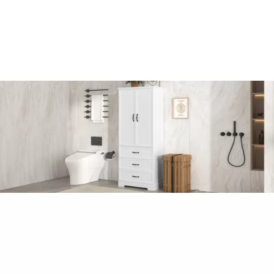 Tall Bathroom Storage Cabinet, Cabinet with Two Doors and Drawers, Adjustable Shelf, MDF Board, White Tall Bathroom Storage Cabinet, Cabinet with Two Doors and Drawers, Adjustable Shelf, MDF Board, White