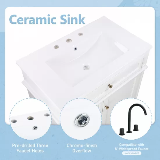 30 Inch Bathroom Vanity with Sink, One Tip-out Drawer, Three Drawers, Door Shelf, Soft Closing Door, White 30 Inch Bathroom Vanity with Sink, One Tip-out Drawer, Three Drawers, Door Shelf, Soft Closing Door, White