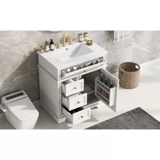 30 Inch Bathroom Vanity with Sink, One Tip-out Drawer, Three Drawers, Door Shelf, Soft Closing Door, White 30 Inch Bathroom Vanity with Sink, One Tip-out Drawer, Three Drawers, Door Shelf, Soft Closing Door, White