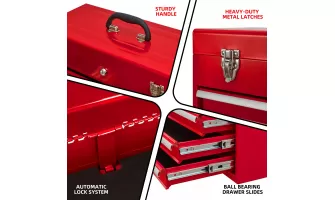   

Red Powder-Coated 4-Drawer Steel Tool Box with Lock for Garage & Outdoor Repairs