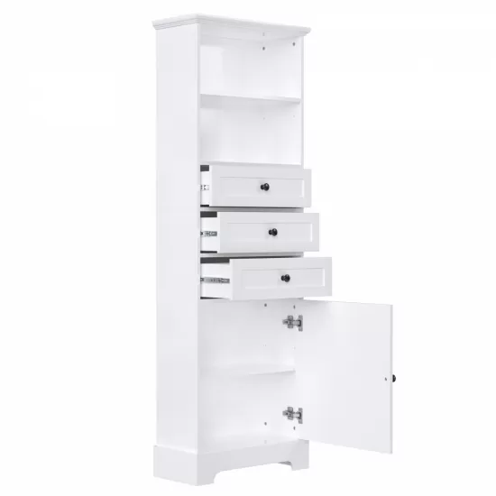 White Tall Storage Cabinet with 3 Drawers and Adjustable Shelves for Bathroom, Study, Office and Interior, MDF Board with Painted Finish (Old Sku:WF298151AAK)