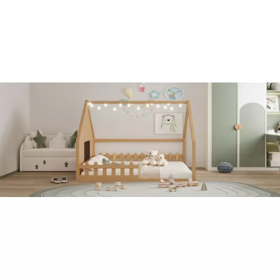 Full Size Wood House Bed with Window and Fence, Natural(Old SKU: WF304147AA) Full Size Wood House Bed with Window and Fence, Natural(Old SKU: WF304147AA)