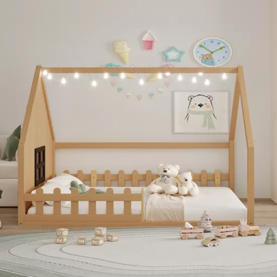 Full Size Wood House Bed with Window and Fence, Natural(Old SKU: WF304147AA) Full Size Wood House Bed with Window and Fence, Natural(Old SKU: WF304147AA)