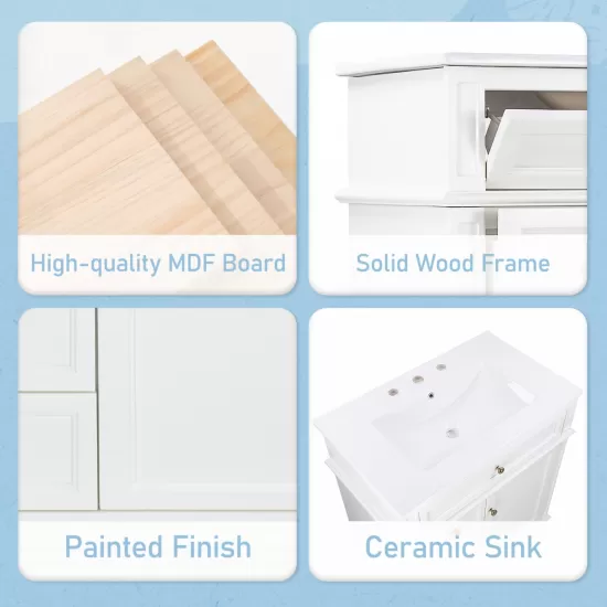 30 Inch Bathroom Vanity with Sink, One Tip-out Drawer, Three Drawers, Door Shelf, Soft Closing Door, White 30 Inch Bathroom Vanity with Sink, One Tip-out Drawer, Three Drawers, Door Shelf, Soft Closing Door, White