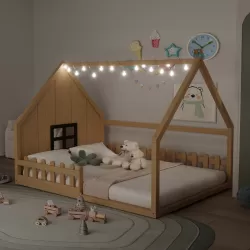 Full Size Wood House Bed with Window and Fence, Natural(Old SKU: WF304147AA)