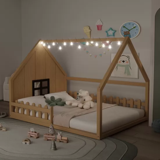 Full Size Wood House Bed with Window and Fence, Natural(Old SKU: WF304147AA) Full Size Wood House Bed with Window and Fence, Natural(Old SKU: WF304147AA)