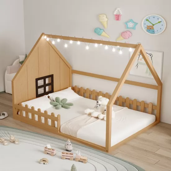 Full Size Wood House Bed with Window and Fence, Natural(Old SKU: WF304147AA) Full Size Wood House Bed with Window and Fence, Natural(Old SKU: WF304147AA)