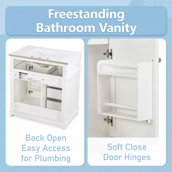 30 Inch Bathroom Vanity with Sink, One Tip-out Drawer, Three Drawers, Door Shelf, Soft Closing Door, White 30 Inch Bathroom Vanity with Sink, One Tip-out Drawer, Three Drawers, Door Shelf, Soft Closing Door, White