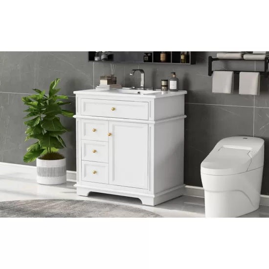30 Inch Bathroom Vanity with Sink, One Tip-out Drawer, Three Drawers, Door Shelf, Soft Closing Door, White 30 Inch Bathroom Vanity with Sink, One Tip-out Drawer, Three Drawers, Door Shelf, Soft Closing Door, White