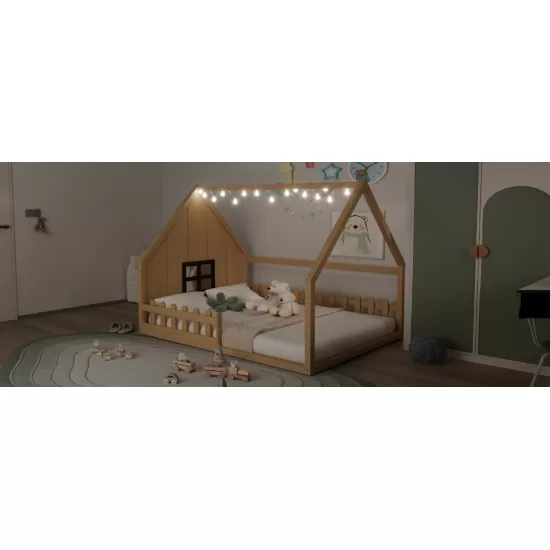 Full Size Wood House Bed with Window and Fence, Natural(Old SKU: WF304147AA) Full Size Wood House Bed with Window and Fence, Natural(Old SKU: WF304147AA)