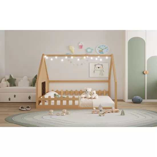 Full Size Wood House Bed with Window and Fence, Natural(Old SKU: WF304147AA) Full Size Wood House Bed with Window and Fence, Natural(Old SKU: WF304147AA)