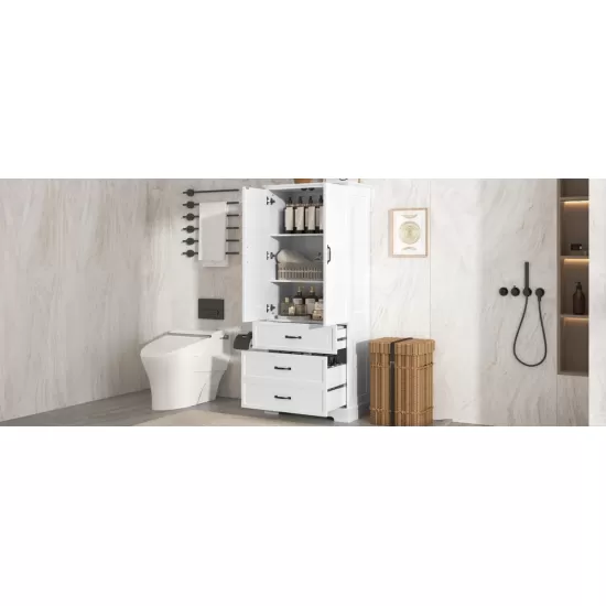 Tall Bathroom Storage Cabinet, Cabinet with Two Doors and Drawers, Adjustable Shelf, MDF Board, White Tall Bathroom Storage Cabinet, Cabinet with Two Doors and Drawers, Adjustable Shelf, MDF Board, White