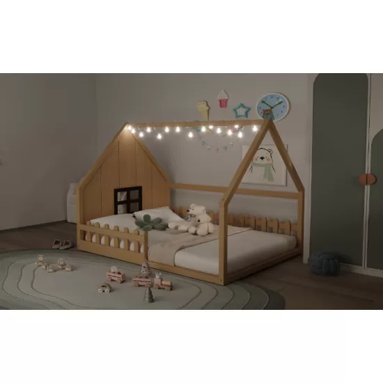 Full Size Wood House Bed with Window and Fence, Natural(Old SKU: WF304147AA) Full Size Wood House Bed with Window and Fence, Natural(Old SKU: WF304147AA)