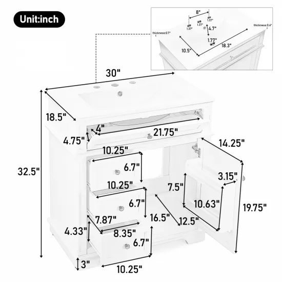 30 Inch Bathroom Vanity with Sink, One Tip-out Drawer, Three Drawers, Door Shelf, Soft Closing Door, White 30 Inch Bathroom Vanity with Sink, One Tip-out Drawer, Three Drawers, Door Shelf, Soft Closing Door, White