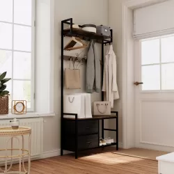33.1 Inch  Wide Hall Tree with 2 Movable Drawers, Shoe Storage, Shelves and Garment Racks, 5-in-1 Entryway Bench with 23 Hooks (Fixed and Movable) 33.1 Inch  Wide Hall Tree with 2 Movable Drawers, Shoe Storage, Shelves and Garment Racks, 5-in-1 Entryway Bench with 23 Hooks (Fixed and Movable)