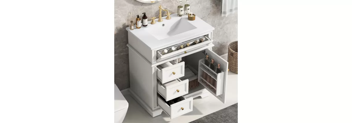 Modern 30-Inch White Bathroom Vanity with Sink and Soft-Closing Features for $378.70 Modern 30-Inch White Bathroom Vanity with Sink and Soft-Closing Features for $378.70