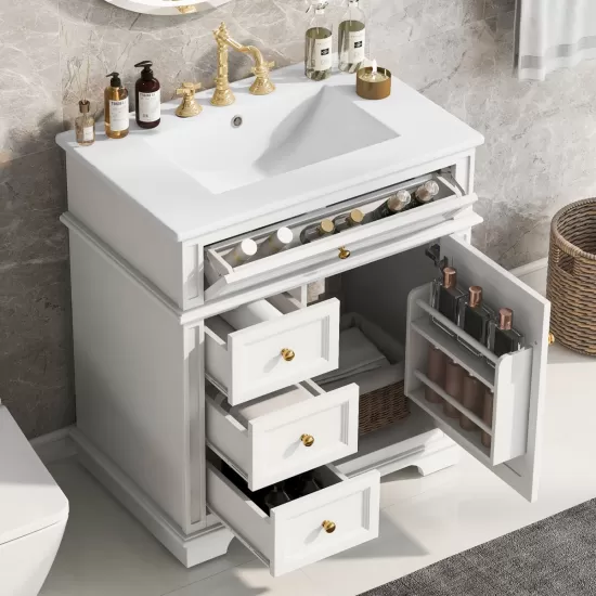 30 Inch Bathroom Vanity with Sink, One Tip-out Drawer, Three Drawers, Door Shelf, Soft Closing Door, White 30 Inch Bathroom Vanity with Sink, One Tip-out Drawer, Three Drawers, Door Shelf, Soft Closing Door, White