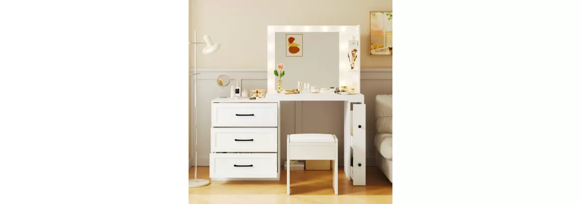   

55.2 Inch Modern Vanity Desk with Hollywood Lights & Adjustable Side Cabinet – Perfect Dressing Table for Your Beauty Routine