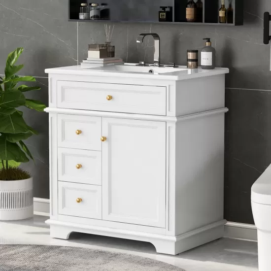 30 Inch Bathroom Vanity with Sink, One Tip-out Drawer, Three Drawers, Door Shelf, Soft Closing Door, White 30 Inch Bathroom Vanity with Sink, One Tip-out Drawer, Three Drawers, Door Shelf, Soft Closing Door, White