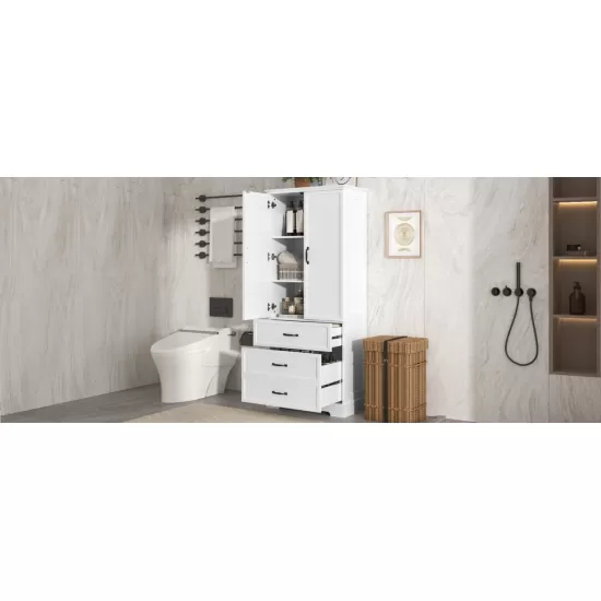 Tall Bathroom Storage Cabinet, Cabinet with Two Doors and Drawers, Adjustable Shelf, MDF Board, White Tall Bathroom Storage Cabinet, Cabinet with Two Doors and Drawers, Adjustable Shelf, MDF Board, White