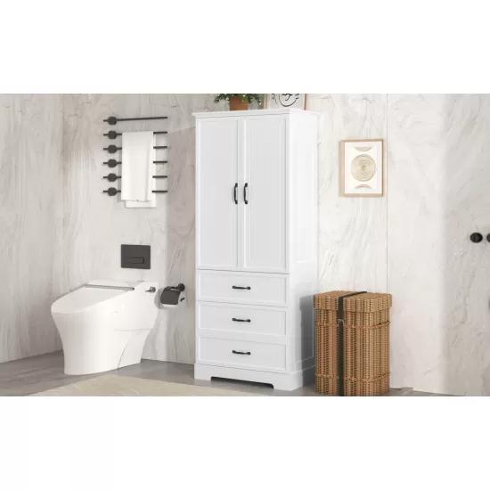 Tall Bathroom Storage Cabinet, Cabinet with Two Doors and Drawers, Adjustable Shelf, MDF Board, White Tall Bathroom Storage Cabinet, Cabinet with Two Doors and Drawers, Adjustable Shelf, MDF Board, White
