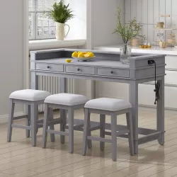 TREXM 4-piece Dining Bar Table Set with 3 Upholstered Stools, Multifunctional Dining Table with 3 Drawers (Gray)