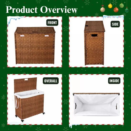 Laundry Hamper With Lid PE Rattan Powder Coating Frame Clothes Hampers with 02 Removable Bags, Wheels, 160L, Brown Color Laundry Hamper With Lid PE Rattan Powder Coating Frame Clothes Hampers with 02 Removable Bags, Wheels, 160L, Brown Color