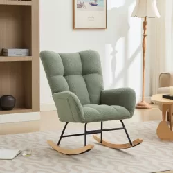 Modern Nursery Rocking Chair Upholstered Glider Chair with High Backrest Rocker Accent Armchair with Solid Wood Legs for Nursery Bedroom Living Room Teddy(GREEN)