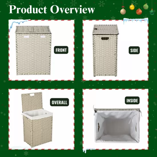 Laundry Hamper With Lid PE Rattan Powder Coating Frame Clothes Hampers with 01 Removable Bags, 100L, Gray Color Laundry Hamper With Lid PE Rattan Powder Coating Frame Clothes Hampers with 01 Removable Bags, 100L, Gray Color