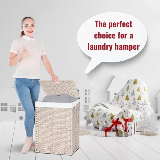 Laundry Hamper With Lid PE Rattan Powder Coating Frame Clothes Hampers with 01 Removable Bags, 100L, Gray Color Laundry Hamper With Lid PE Rattan Powder Coating Frame Clothes Hampers with 01 Removable Bags, 100L, Gray Color