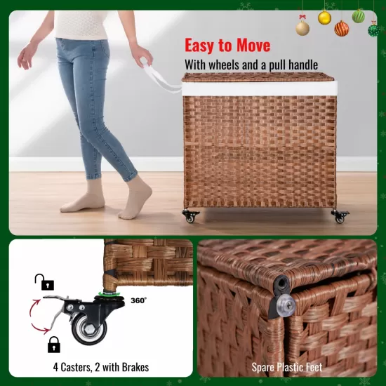 Laundry Hamper With Lid PE Rattan Powder Coating Frame Clothes Hampers with 02 Removable Bags, Wheels, 160L, Brown Color Laundry Hamper With Lid PE Rattan Powder Coating Frame Clothes Hampers with 02 Removable Bags, Wheels, 160L, Brown Color