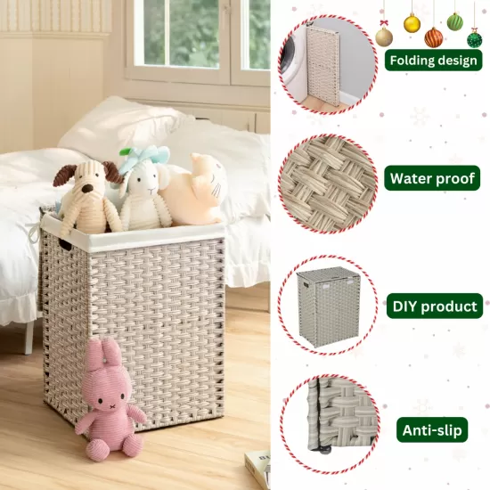 Laundry Hamper With Lid PE Rattan Powder Coating Frame Clothes Hampers with 01 Removable Bags, 100L, Gray Color Laundry Hamper With Lid PE Rattan Powder Coating Frame Clothes Hampers with 01 Removable Bags, 100L, Gray Color
