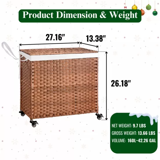 Laundry Hamper With Lid PE Rattan Powder Coating Frame Clothes Hampers with 02 Removable Bags, Wheels, 160L, Brown Color Laundry Hamper With Lid PE Rattan Powder Coating Frame Clothes Hampers with 02 Removable Bags, Wheels, 160L, Brown Color