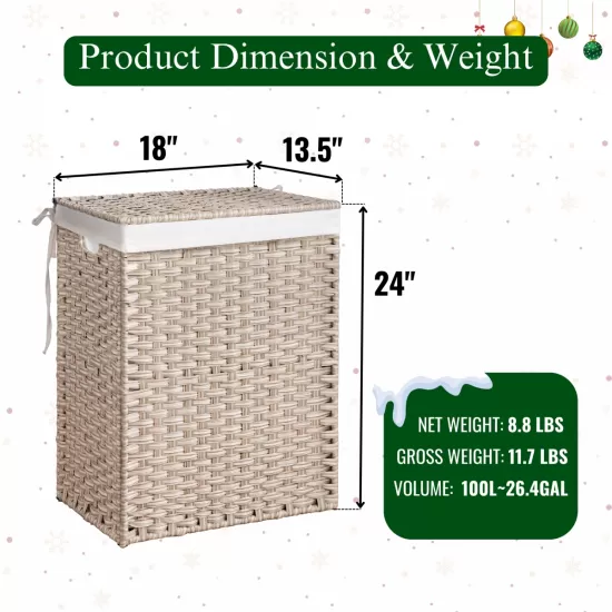 Laundry Hamper With Lid PE Rattan Powder Coating Frame Clothes Hampers with 01 Removable Bags, 100L, Gray Color Laundry Hamper With Lid PE Rattan Powder Coating Frame Clothes Hampers with 01 Removable Bags, 100L, Gray Color