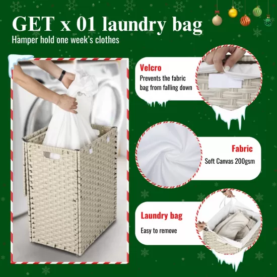 Laundry Hamper With Lid PE Rattan Powder Coating Frame Clothes Hampers with 01 Removable Bags, 100L, Gray Color Laundry Hamper With Lid PE Rattan Powder Coating Frame Clothes Hampers with 01 Removable Bags, 100L, Gray Color