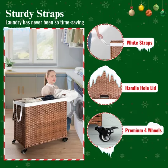 Laundry Hamper With Lid PE Rattan Powder Coating Frame Clothes Hampers with 02 Removable Bags, Wheels, 160L, Brown Color Laundry Hamper With Lid PE Rattan Powder Coating Frame Clothes Hampers with 02 Removable Bags, Wheels, 160L, Brown Color