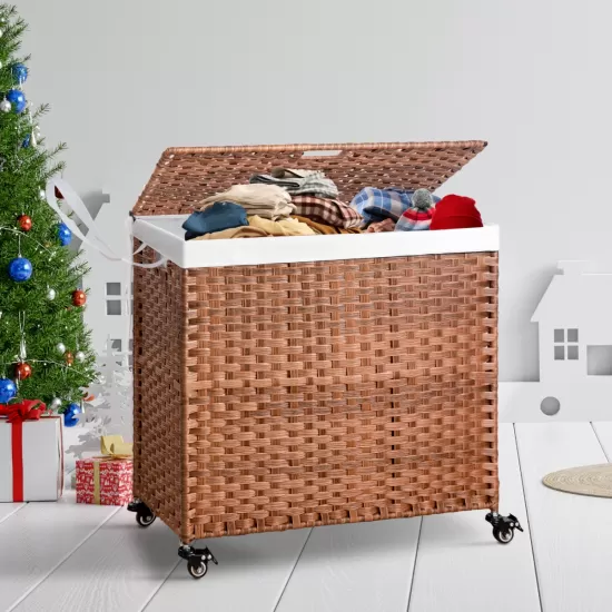 Laundry Hamper With Lid PE Rattan Powder Coating Frame Clothes Hampers with 02 Removable Bags, Wheels, 160L, Brown Color Laundry Hamper With Lid PE Rattan Powder Coating Frame Clothes Hampers with 02 Removable Bags, Wheels, 160L, Brown Color