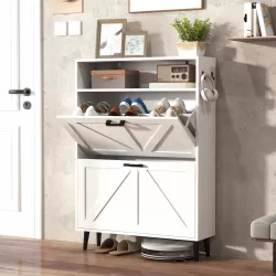 Farmhouse Shoe Storage Cabinet with Barn Door Design, Shoe Organizer with 2 Flip Drawers, Freestanding Narrow Shoe Rack Cabinet with Hooks for Entryway,Foyer,Hallway,(white)